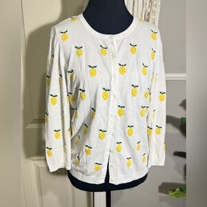 Talbots White Cardigan with Yellow Pineapple Motif